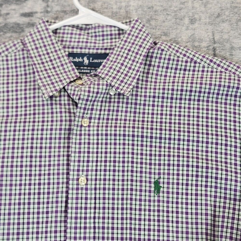 Vintage Ralph Lauren Shirt Men 16.5 L Purple Classic Fit Plaid Check Button Down